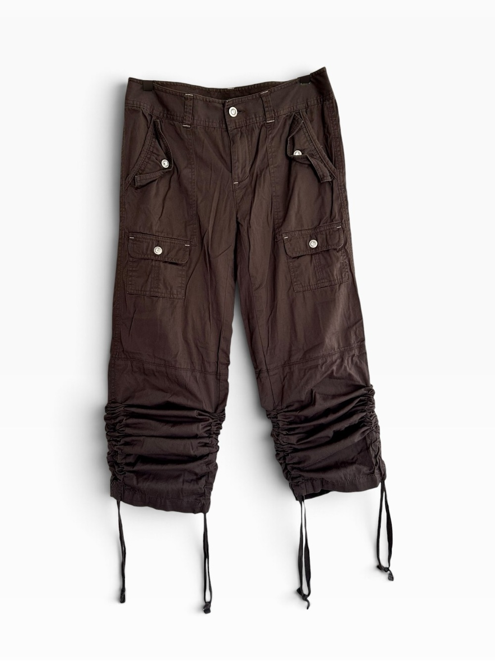Women's Y2K Brown Scrunch Cargo Capri Pants with Ruched Tie Hems